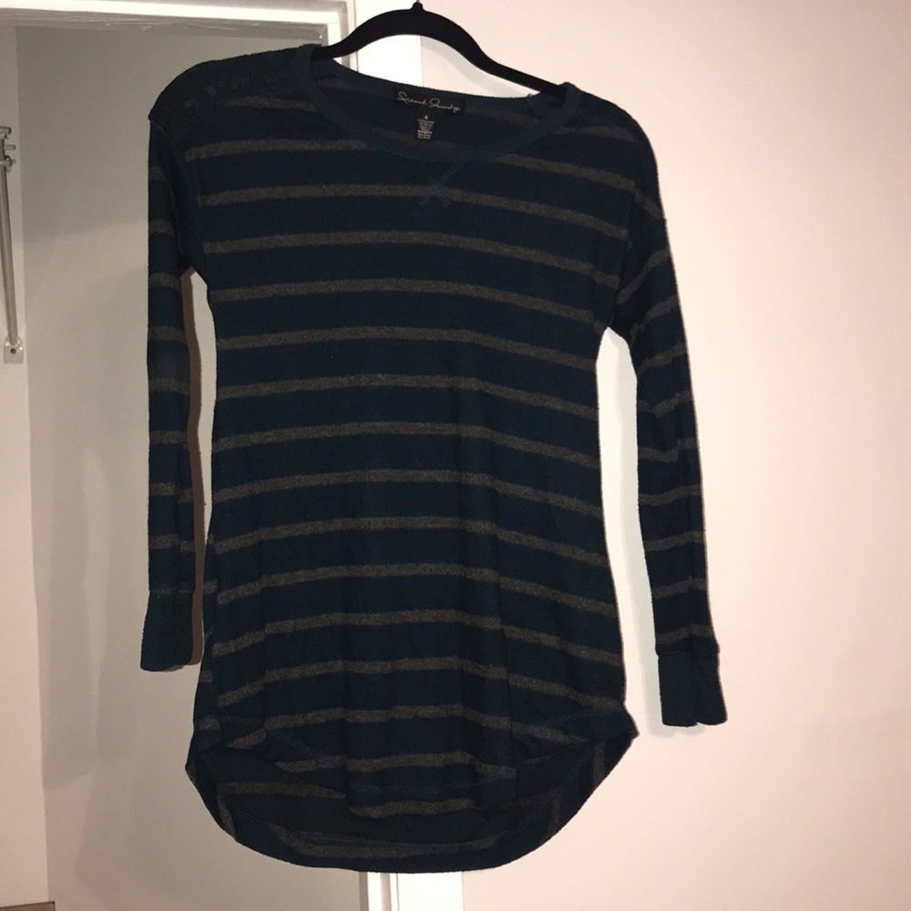 Blue gray striped sweater, lace shoulders